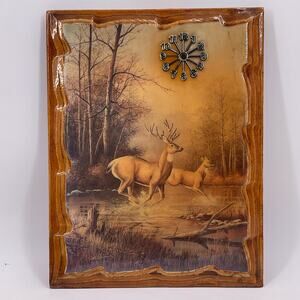 Vintage Lacquered Wood Wall Clock Deer Running in Woods 14x18 inches Retro